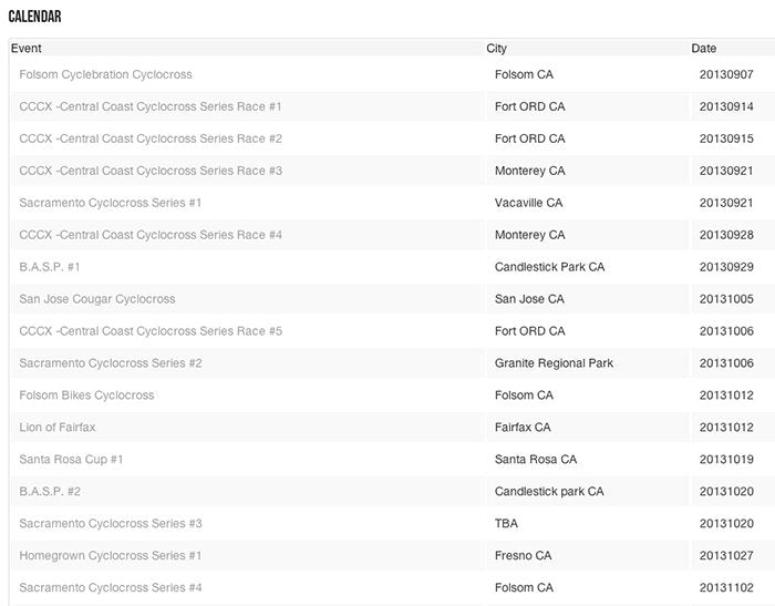 2013-2014 Bay Area Cyclocross Calendar